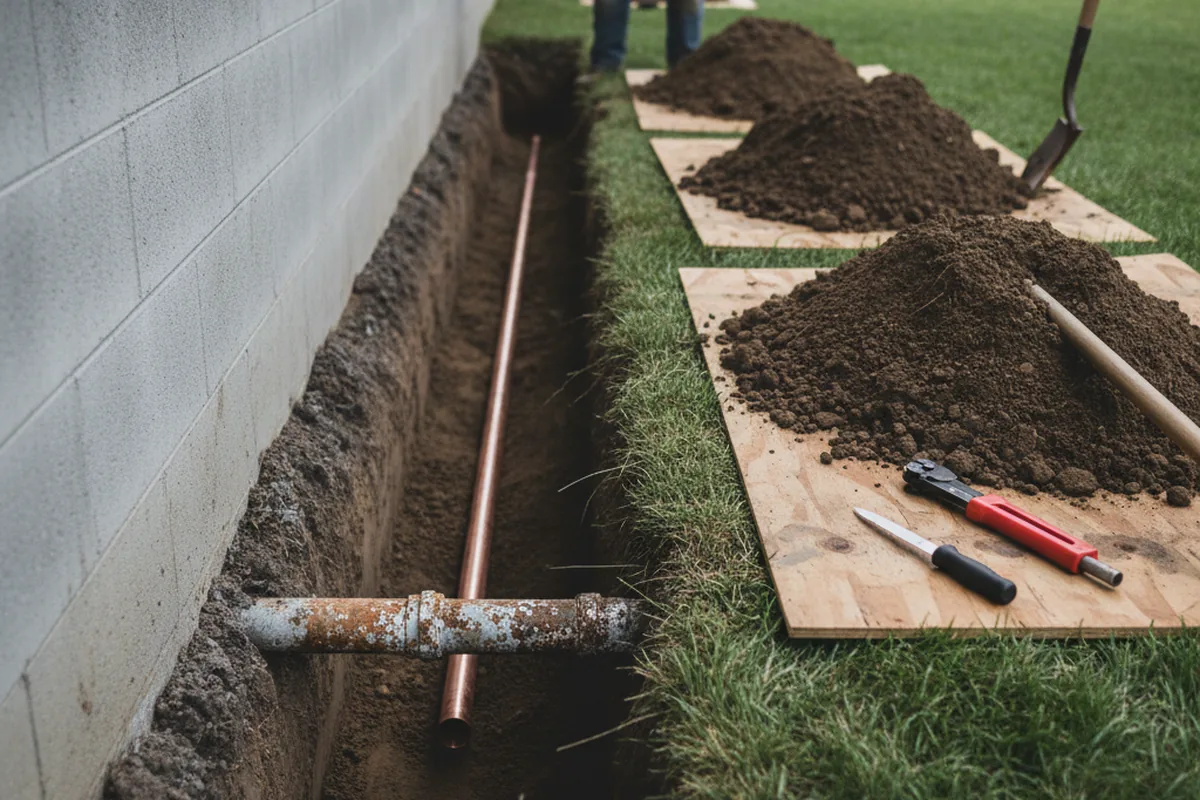 Excavated water line trench during Water Softener Installation in Pattison